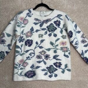 VINTAGE Express Tricot Knit Sweater Size Medium Floral Silk Angora Cottagecore
